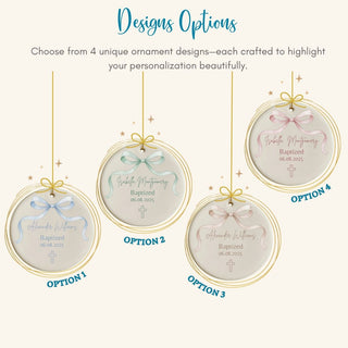 Four personalized ornament designs on a white background with text about design options.