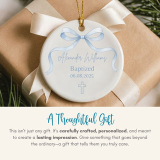 Personalized ornament with a blue bow and text on a gift box, with a message about thoughtful gifts.