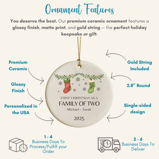 Ceramic ornament with Christmas design and text on a white background