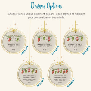 Five circular Christmas ornaments with family-themed designs and customizable text.