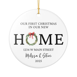 personalized first christmas in new home ornament with wreath and custom address design, perfect couple keepsake gift