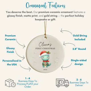 Ceramic ornament with a cartoon frog wearing a Santa hat, text detailing features, and icons for processing and delivery time.