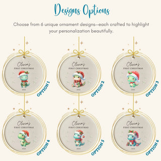 Six unique Christmas ornament designs with a baby reindeer and text on a light gray background.