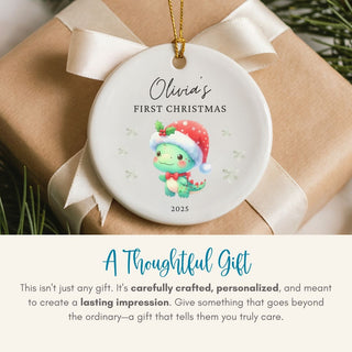 Personalized Christmas ornament for 'Olivia's First Christmas' on a gift box with text about thoughtful gifts.