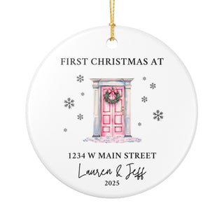 personalized new home christmas ornament with customizable door design, wreath, snow, and custom address for first christmas keepsake