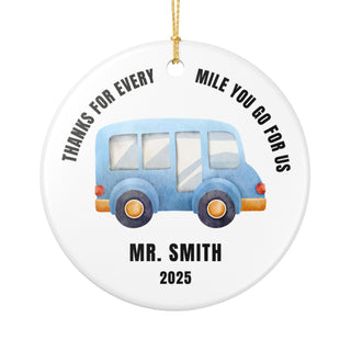 round ornament with watercolor blue school bus illustration, perfect thank you bus driver gift from student, appreciation keepsake