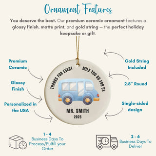 Ceramic ornament with a blue car design and text, featuring features of the product on a white background.