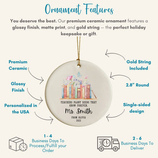 Ceramic ornament with personalized text on a white background with feature text.