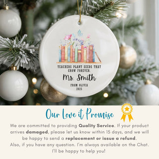 Decorative ornament with text on a Christmas tree, featuring the brand 'Our Love it Promise'.